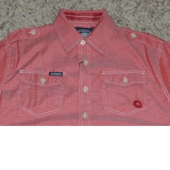 Mens Sport Shirt Akademiks Red Medium Button Front Long Convertible Sleeves - Picture 3 of 4